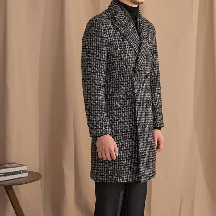 Dark Gray Houndstooth Check Double-Breasted Overcoat