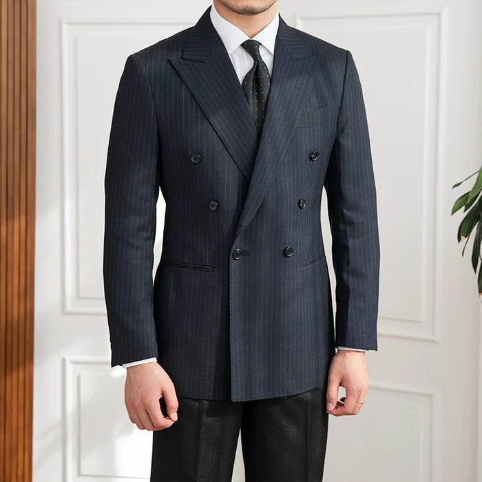Blazer Transpassado Risca de Giz Azul