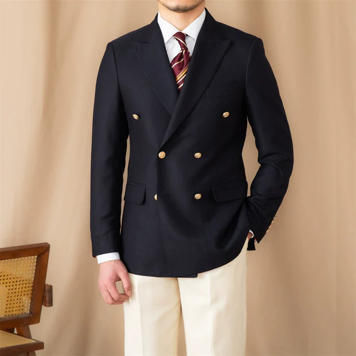 Blazer Transpassado com Botões Dourados Peak Lapel