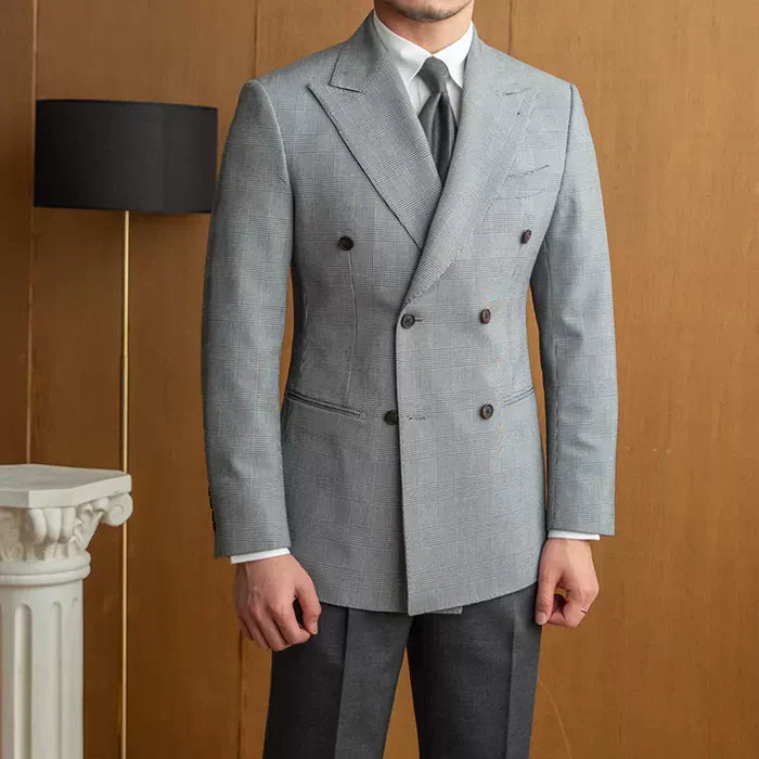 Double-Breasted Prince of Wales Check Gray Blazer