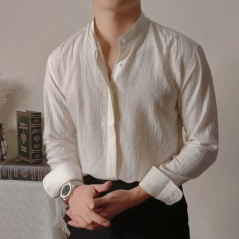 Linen Shirt with Looped Mandarin Collar LS032