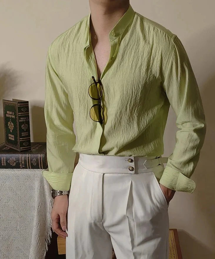 Linen Shirt with Looped Mandarin Collar LS032