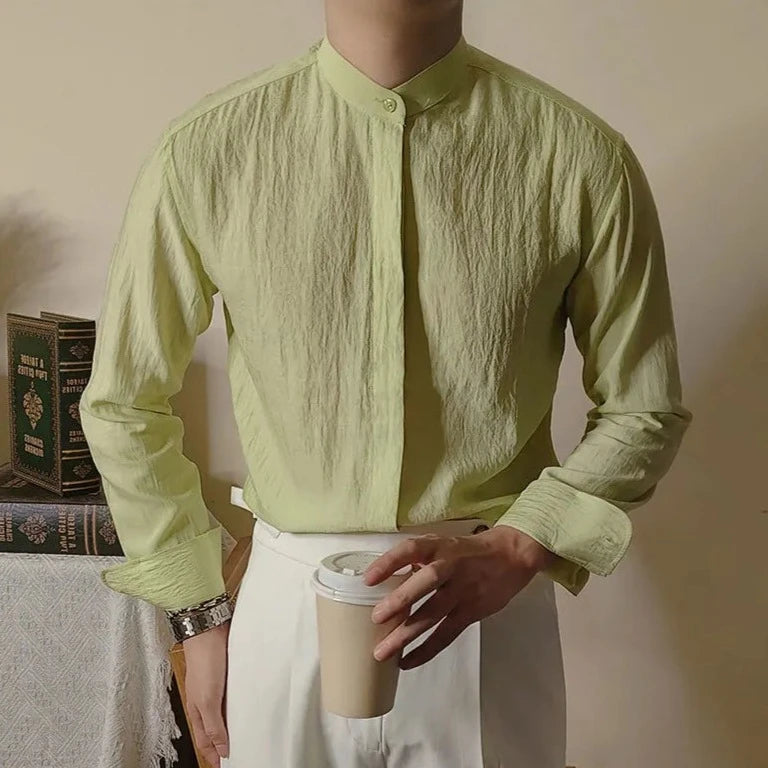 Linen Shirt with Looped Mandarin Collar LS032