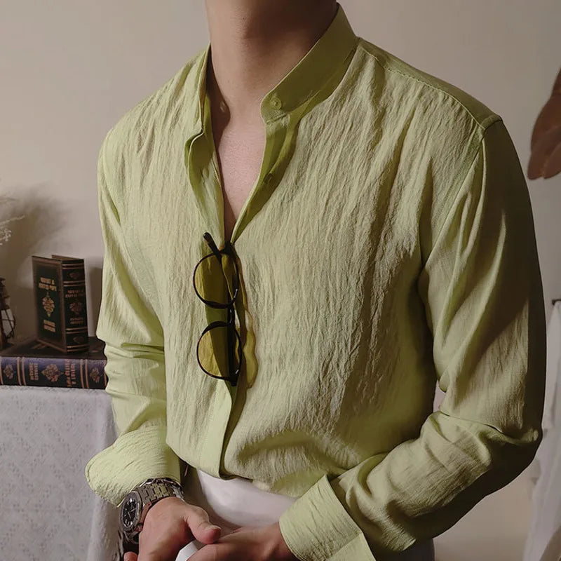 Linen Shirt with Looped Mandarin Collar LS032