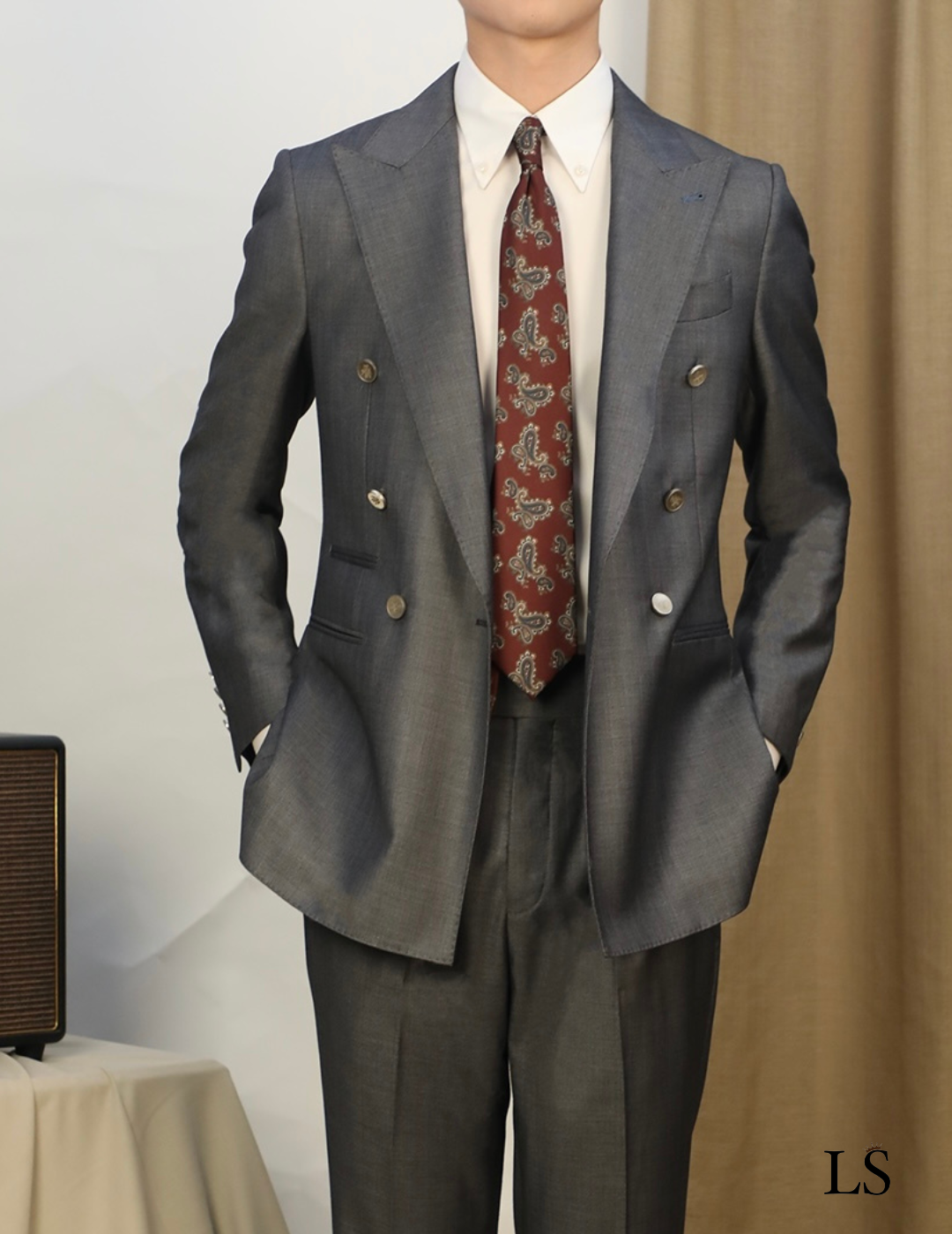 Costume Transpassado Peak Lapel Cinza