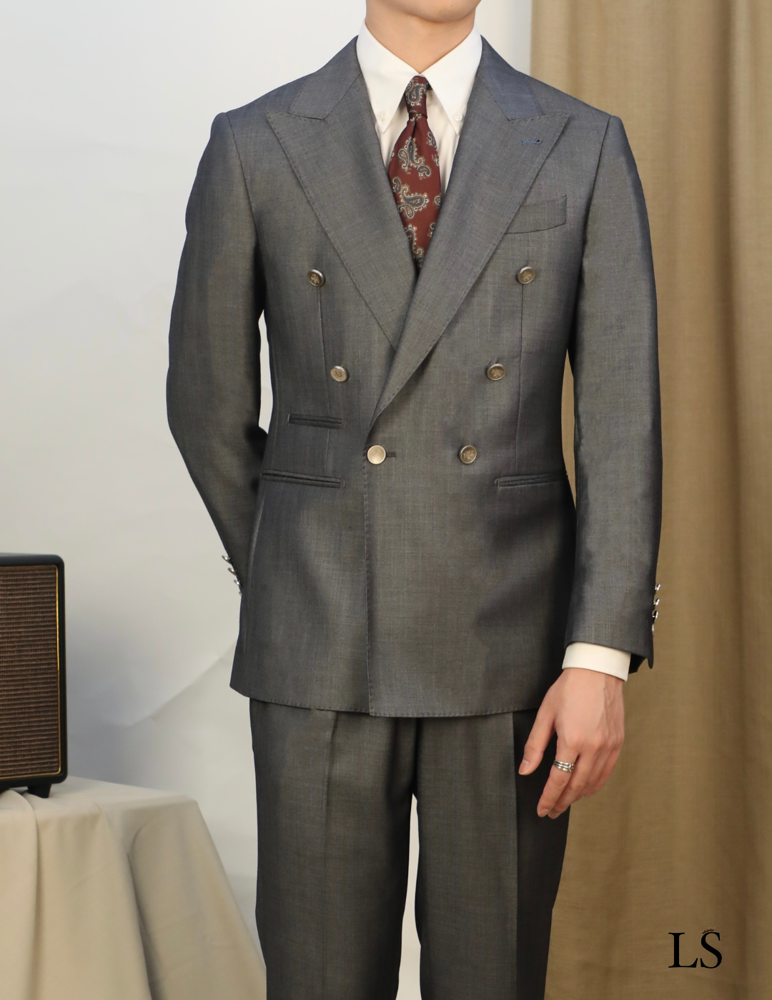 Costume Transpassado Peak Lapel Cinza