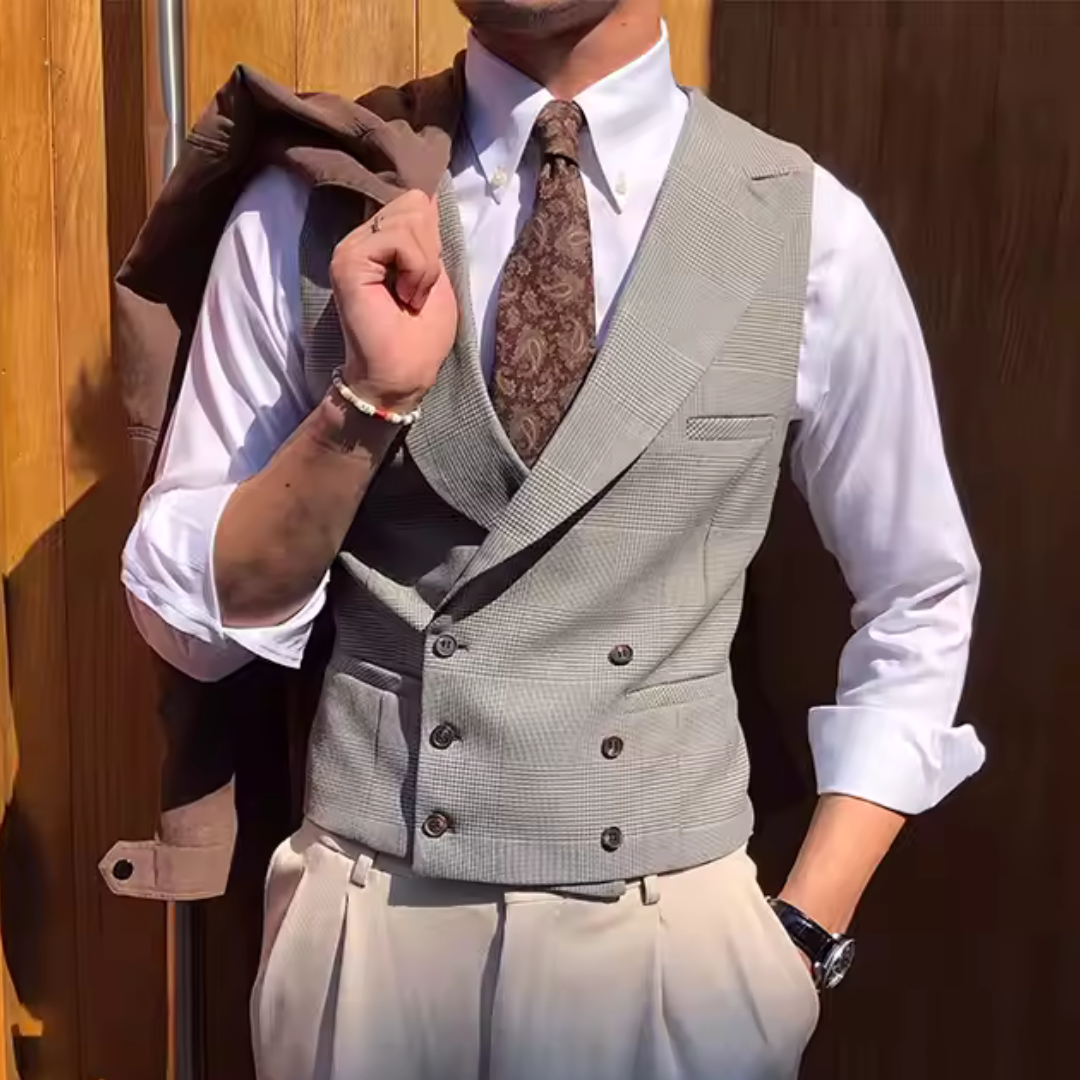 Double-Breasted Vest Glen Plaid Gray