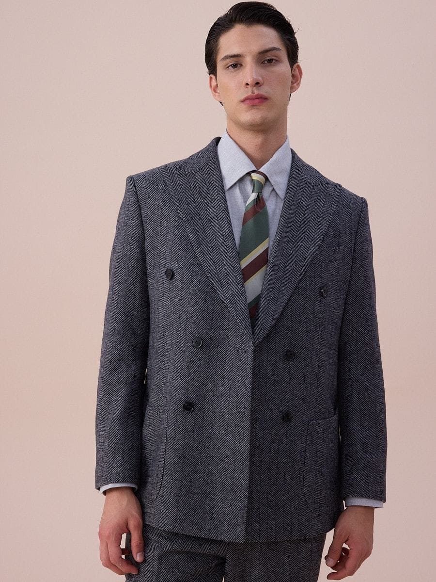 Venice Double Breasted Herringbone Wool Suit