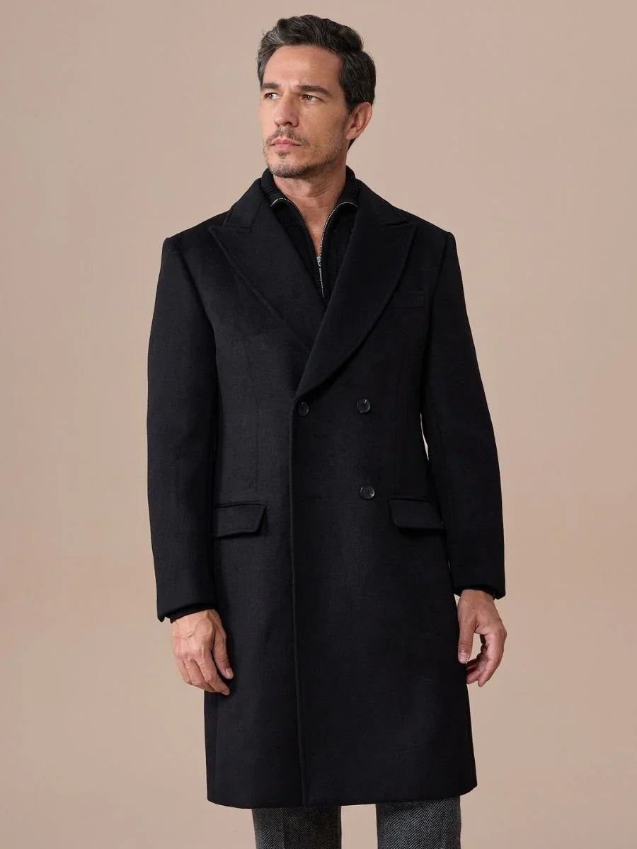 Black Double Breasted Overcoat with Peak Lapel