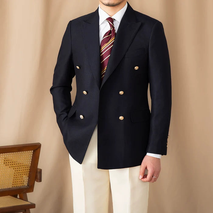 Blazer Transpassado com Botões Dourados Peak Lapel