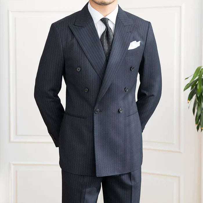 Blazer Transpassado Risca de Giz Azul