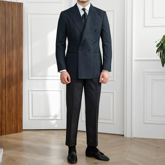 Blazer Transpassado Risca de Giz Azul